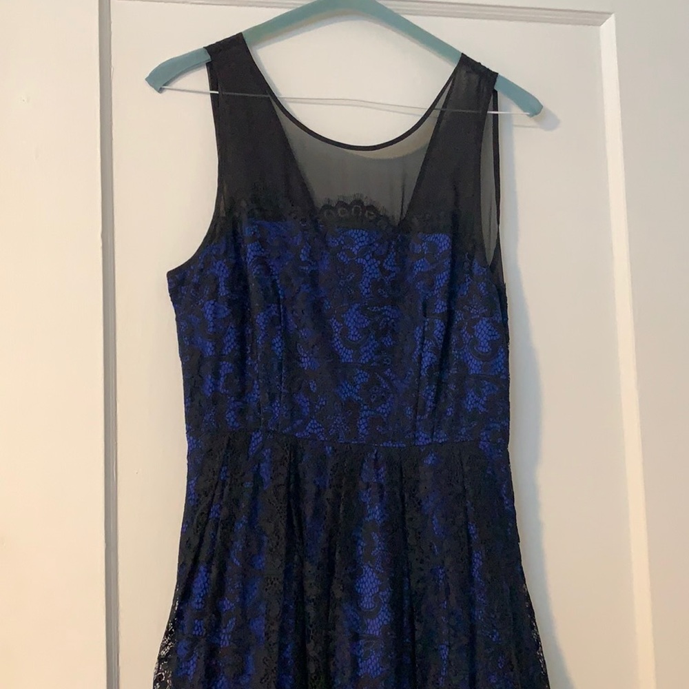 Black lace and blue underlay dress